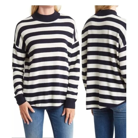 Madewell Sweaters - Madewell S Navy White Stripe Mock Neck Sweater Wool Alpaca Blend Preppy